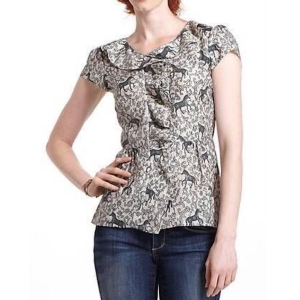 Vanessa Virginia Loosened Ruffles horse print top